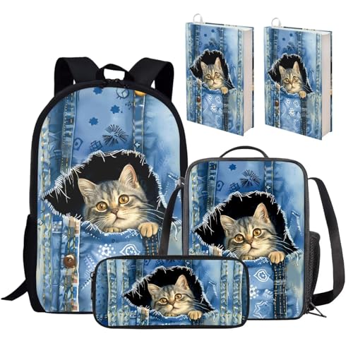 KUIFORTI Schultaschen-Set für Kinder, Rucksack, 5-teilig, Lunchbox, Federmäppchen, Büchertaschen, Jungen, Mädchen, personalisierbar, großer Rucksack, Denim-Tasche für Katzen, Einheitsgröße, von KUIFORTI