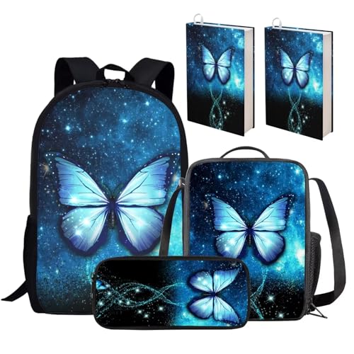 KUIFORTI Schultaschen-Set für Kinder, Rucksack, 5-teilig, Lunchbox, Federmäppchen, Büchertaschen, Jungen, Mädchen, personalisierbar, großer Rucksack, blau mit schmetterlingen, Einheitsgröße, von KUIFORTI