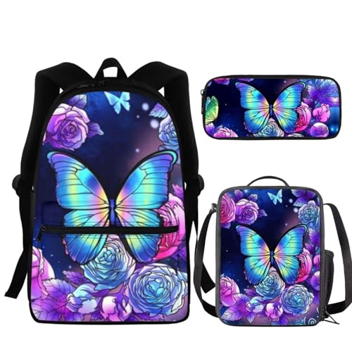 KUIFORTI Schultaschen-Set für kleine Mädchen, Rucksack, 3-teiliges Schulbüchertaschen-Set mit isolierter Lunchbox, Federmäppchen, blau mit schmetterlingen, Einheitsgröße, Schulrucksack von KUIFORTI