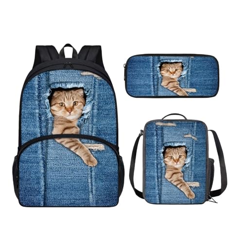 KUIFORTI Shcool Büchertaschen-Rucksack-Set für Kinder, 3-teilig, Schultaschen mit Lunchbox, Federmäppchen, lässiger Tagesrucksack, 3-teiliges Set, Denim Cat, Schulranzen-Set von KUIFORTI