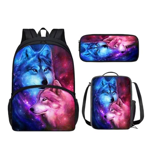 KUIFORTI Shcool Büchertaschen-Rucksack-Set für Kinder, 3-teilig, Schultaschen mit Lunchbox, Federmäppchen, lässiger Tagesrucksack, 3-teiliges Set, Galaxie, Rosa, Blau, Wolf, Schulranzen-Set von KUIFORTI