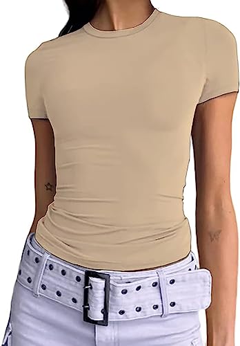 Damen Basic T-Shirts Kurzarm Crop Top Casual Y2K Rundhalsausschnitt Tops Slim Fit Tshirts(Apricot-1, S) von KUKEYIEE