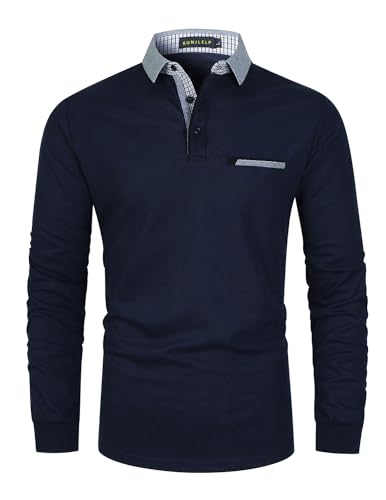 KUNJLELP Herren Poloshirt Basic Langarm aus Reiner Baumwolle Casual Polohemd Slim Fit Kontrastfarbe Golf T-Shirt,Blau 02,M von KUNJLELP