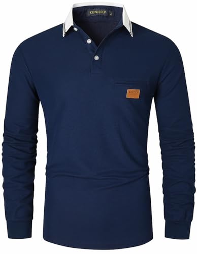 KUNJLELP Herren Poloshirt Langarm Baumwoll Mode kariert Polohemd Golf Polo Shirt,Blau,L von KUNJLELP