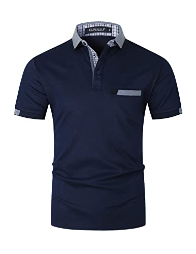 KUNJLELP Herren Poloshirt aus reinem Baumwoll-Piqué Mode kariert Polohemd Basic Kurzarm,Blau 01,M von KUNJLELP