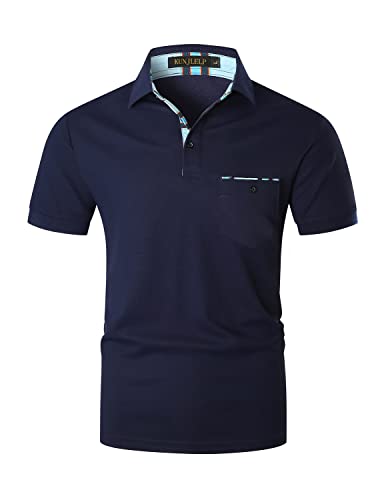 KUNJLELP Herren Poloshirt aus reinem Baumwoll-Piqué Polohemd Basic Kurzarm Karierte Verbindung,Blau 01,3XL von KUNJLELP