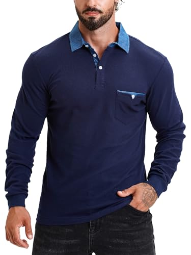 KUNJLELP Poloshirt Herren Langarm, T Shirts Männer, Hemd Herren Denim-Splice T-Shirt Golf Polo Shirt,Blau,3XL von KUNJLELP