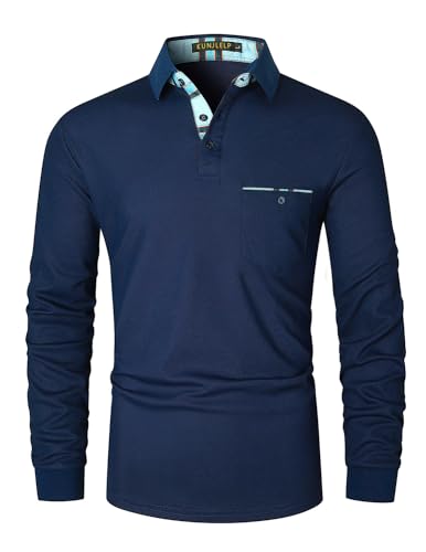 KUNJLELP Poloshirt Herren Langarm Polohemd blau Karierter Splice Poloshirts für Herren,Blau,XXL von KUNJLELP