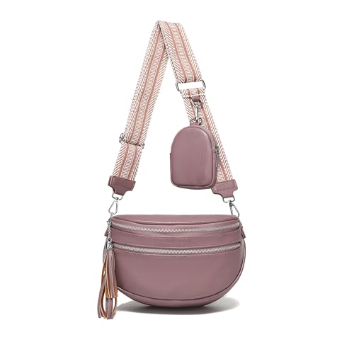 KUNKUN Bauchtasche Damen Umhängetasche Lila Brusttasche Mittelgroß Crossbody Bag Damen Veganes Leder 5cm Breiten Schultergurt Gurt für Umhängetasche mit Münzbörse von KUNKUN