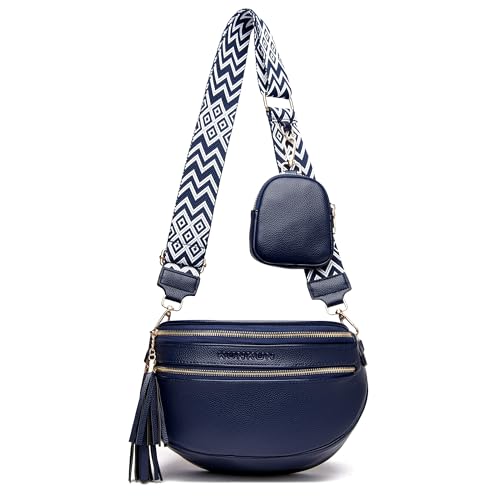 KUNKUN crossbody bag damen breiter gurt umhängetasche groß bauchtasche veganes leder brustbeutel stylisch blau mit münzgeldbörs von KUNKUN