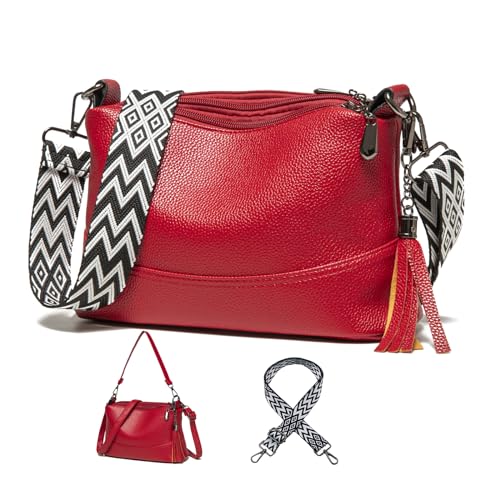 KUNKUN Handtasche Damen Mittelgroß Umhängetasche Damen Rot Shopper Tasche mit 3 austauschbaren Breiter und Leder Schultergurten 3 Fächern Handtaschen von KUNKUN