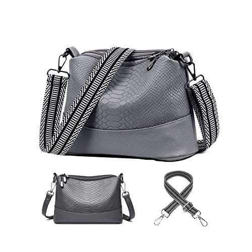 KUNKUN Handtasche Damen Umhängetasche Grau Mit Breiter Gurt Moderne Schultertasche Klein Leder Crossbody Bag Damen Mit 3 Austauschbaren Breiten Und Dünnen Schultergurten von KUNKUN