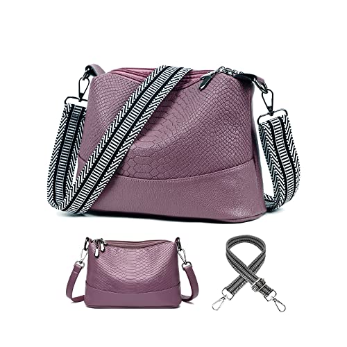 KUNKUN Handtasche Damen Umhängetasche Lila Mit Breiter Gurt Moderne Schultertasche Klein Leder Crossbody Bag Damen Mit 3 Austauschbaren Breiten Und Dünnen Schultergurten von KUNKUN