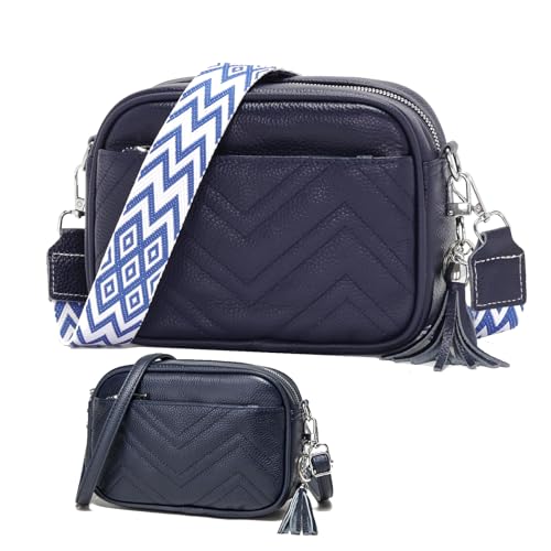 KUNKUN Kleine Handtasche Leder Tasche Damen Umhängetasche Blau Klein Crossbody Bag Damen mit Drei Reißvers Chlussfächern und 1 Breiter Gurt und 1 Dünnen Schultergurten von KUNKUN