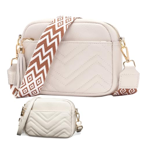 KUNKUN Kleine Umhängetasche Damen Leder Handtasche Klein Crossbody Bag Weiß mit Drei Reißvers Chlussfächern und 1 Breiter Gurt und 1 Dünnen Schultergurten Tasche von KUNKUN