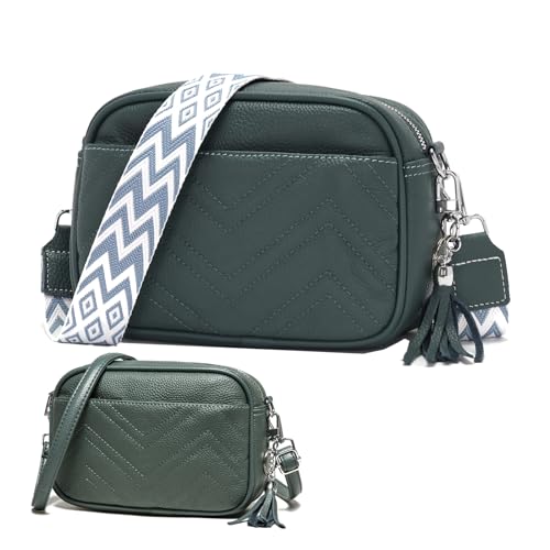 KUNKUN Umhängetasche Damen Leder Handtasche Klein Crossbody Bag Azure Tasche mit Drei Reißvers Chlussfächern und 1 Breiter Gurt und 1 Dünnen Schultergurten von KUNKUN