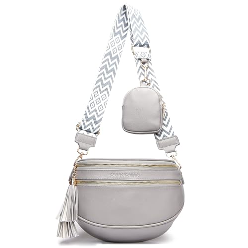 KUNKUN stylisch Bauchtasche Damen veganes Leder Crossbody Bag umhängetasche brustbeutel Moderne Taschen mit breitem Schultergurt mit münzgeldbörse-grau von KUNKUN