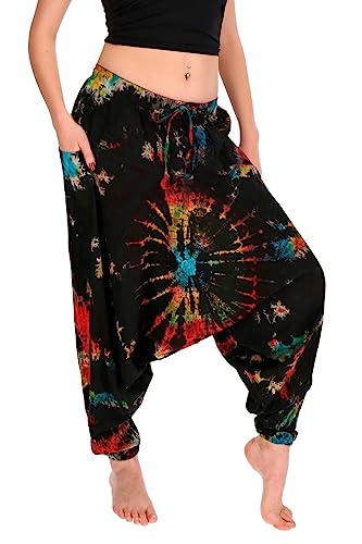 Kunst und Magie Batik Damen Hose Tie Dye Baumwoll Yoga Haremshose Wellnesshose Pluderhose Ballonhose, Farbe:Mehrfarbig von Kunst und Magie