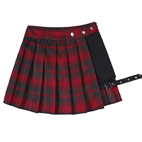 Frauen Gothic Punk Mini-Röcke Y2K Hoch Tailliert Faltenröcke Plaid Hollow Out Strumpfband Schnalle A-Linie Skater Kurzer Rock (M,Rot kariert) von KURTIK