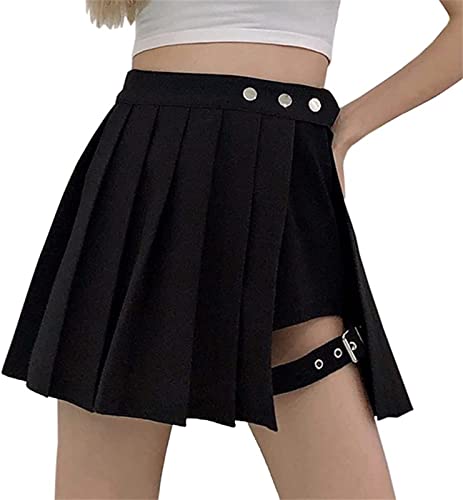 Frauen Gothic Punk Mini-Röcke Y2K Hoch Tailliert Faltenröcke Plaid Hollow Out Strumpfband Schnalle A-Linie Skater Kurzer Rock (XL,Schwarz) von KURTIK