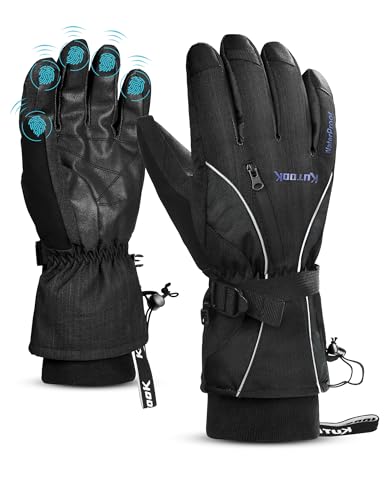 KUTOOK Skihandschuhe Herren Winter wasserdichte Warme Thermo Handschuhe Ski Snowboard Damen Kinder Für Skifahren Schneeschlitten Motorrad Fahrrad Schwarz Grau XXL von KUTOOK