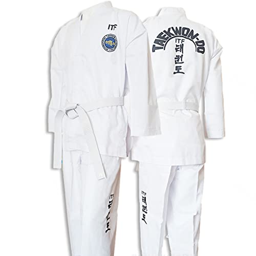 ITF Taekwondo Uniform Kinder Erwachsene Gestreifter Stoff Karate Gi Judo Anzug für Wettkampf und Training,White-130 von KUXUAN