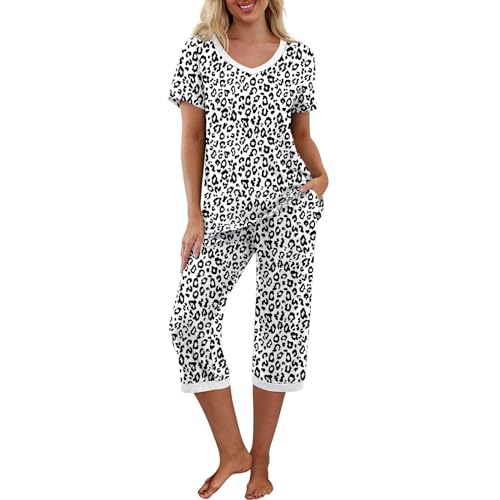 KYATON Pyjama Damen Damen Pyjama Set Kurzarm V-Ausschnitt T-Shirt Und Capri Hose Nachtwäsche-Leopard Weiß-m KYATON Pyjama Damen Damen Pyjama Set Kurzarm V-Ausschnitt T-Shirt Und Capri Hose Nachtwäsche-Leopard Weiß-m von KYATON