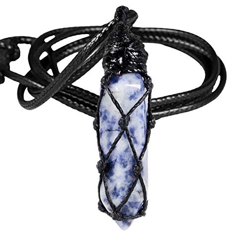 KYEYGWO Blauer Punkt Stein Heilstein Punkt Anhänger Halskette für Damen und Herren, Kristall Sechseckiger Anhängers Heilung Reiki Pendel Kette, Chakra Steinpendel Hexagon Schmuck von KYEYGWO