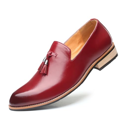 KYOESCAI Herren Anzugschuhe Spitzschuh Klassischer Business Derby Oxford Hochzeit Schuhe Comfort Fahrende Schuhe mit Quasten,Rot,39 EU von KYOESCAI