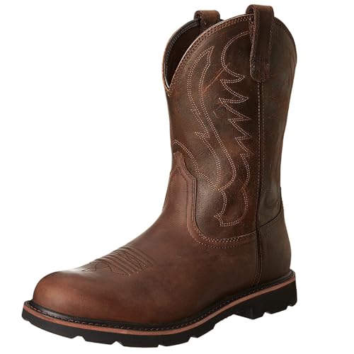 KYOESCAI Herren Langschaft Stiefel Schlüpfen Runder Zeh Blockabsatz Cowboy Westernstiefel mit Stickerei,Braun,41 EU von KYOESCAI