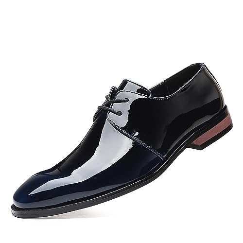 KYOESCAI Herren Schwarzes Lackleder Anzugschuhe Klassischer Business Derby Oxford Hochzeit Schuhe Schnürhalbschuhe,Blau,45 EU von KYOESCAI