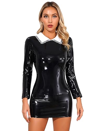 Kaerm Damen Lack Leder Kleid Wetlook Minikleid Sexy Kurz Figurbetontes Abendkleid Eng Metallic Glitzer Bleistiftkleid Etui Party Clubwear B Schwarz XXL von Kaerm