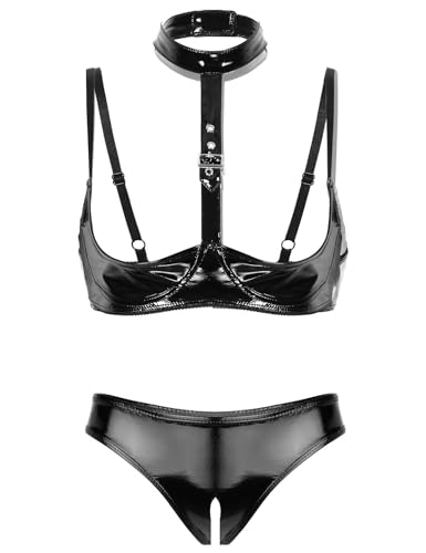 Kaerm Damen Wetlook Ouvert Dessous Set Lack Leder Hebe BH Offene Brüste Cups Push Up High Cut Thong Bikini Hose String Sexy Offen Reizwäsche Schwarz Leder M von Kaerm