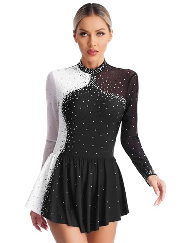 Kaerm Damen Langarm Eiskunstlauf Kleid Strass Glitzer Rollkunstlauf Kleider Glänzend Ballett Body Patchwork Trikot Mit Tanzrock Dancewear Schwarz B M von Kaerm