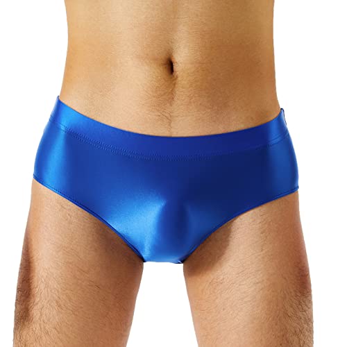 Kaerm Glossy Slip Herren Low Waist Bulge Pouch Unterhose Dessous Nylon Unterwäsche Boxer Briefs Hot Pants Badeshorts Erotisch Nachtwäsche Blau XL von Kaerm