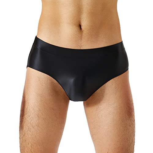 Kaerm Glossy Slip Herren Low Waist Bulge Pouch Unterhose Dessous Nylon Unterwäsche Boxer Briefs Hot Pants Badeshorts Erotisch Nachtwäsche Schwarz L von Kaerm