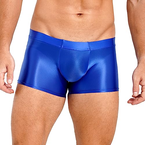 Kaerm Glossy Shorts Herren Sexy Nylon Kurze Hose Leggings Eng Stretch Bulge Pouch Unterhose Dessous Erotisch Nachtwäsche Blau XXL von Kaerm