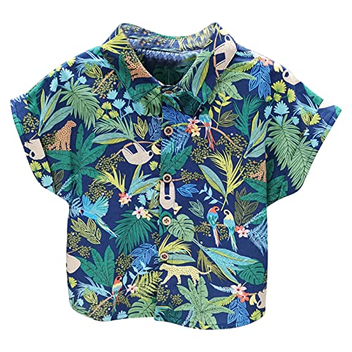 Kaerm Jungen Hawaii Hemd Blumen Blätter Gedruckt Shirt Kurzarm Kinder Hawaiihemd Fronttasche Button Down Freizeithemd Mit Reverskragen Gr. 80-122 Blau 110-116 von Kaerm