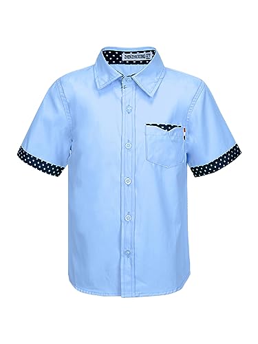 Kaerm Kinder Jungen Kariert Hemd Kentkragen Sommer Kurzarm Oberteil Slim Fit Button Down Freizeithemd Taschen Vorne Gr. 98-164 Blau A 110-116 von Kaerm