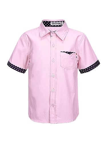 Kaerm Kinder Jungen Kariert Hemd Kentkragen Sommer Kurzarm Oberteil Slim Fit Button Down Freizeithemd Taschen Vorne Gr. 98-164 Rosa A 122-128 von Kaerm