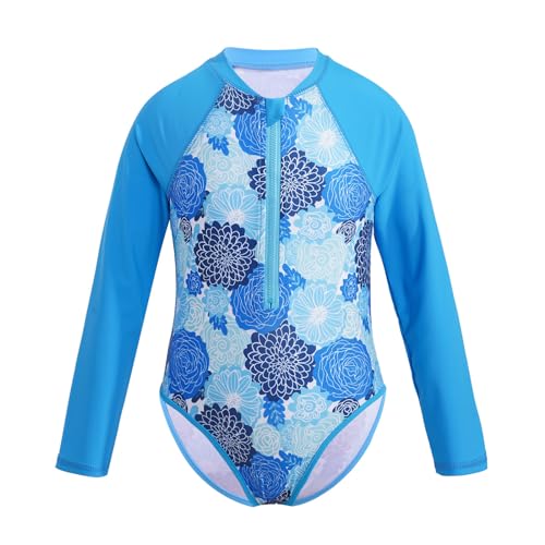 Kaerm Kinder Mädchen Badeanzug Langarm Bademode Mit Tropen Muster Halb Reißverschluss Badebekleidung UV Schutz Rash Guard Shirt Schwimmshirt Beachwear Blau Blumen C 134-140 von Kaerm