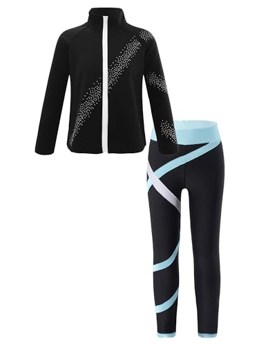 Kaerm Kinder Mädchen Eislauf Outfit Anzug Langarm Sport Eiskunstlauf Jacke Reißverschluss Vorne Strass Glänzend Eislaufhose Set Sportswear Hellblau H 134-140 von Kaerm