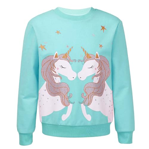 Kaerm Mädchen Sweatshirt Für Kinder Stretch Crop Top Casual Jumper Kleinkind Einhörner Pferd Druck Langarmshirt Pullover 2 3 4 5 6 7 8 9 10 12 Jahre Alt Blau grün 110-116 von Kaerm