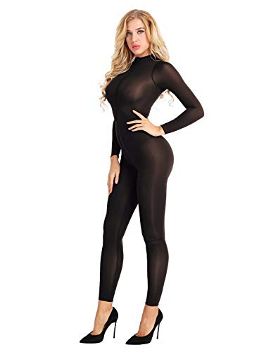 Kaerm Ouvert Ganzkörperanzug Damen Sexy Einteiler Overall Jumpsuit Halb Transparent Langarm Body Öl Glänzend Erotik Dessous Party Clubwear M-L Schwarz M von Kaerm