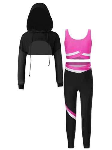 Kaerm Kinder Mädchen Sportanzug Set Racerback Sport BH Streifen Patchwork Yogahose Mit Kapuzenpullover 3tlg Sportkleidung Hot Pink 134-140 von Kaerm