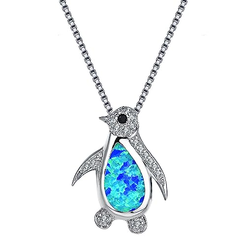 Kaguyo Silber Halskette für Frauen, Mädchen Halskette, 925 Silber Pavé Zirkonia weiß/blau Opal Pinguin Anhänger Halskette für Frauen Mädchen, Freundschaft Geburtstag Schmuck Geschenke, Opal, Opal von Kaguyo