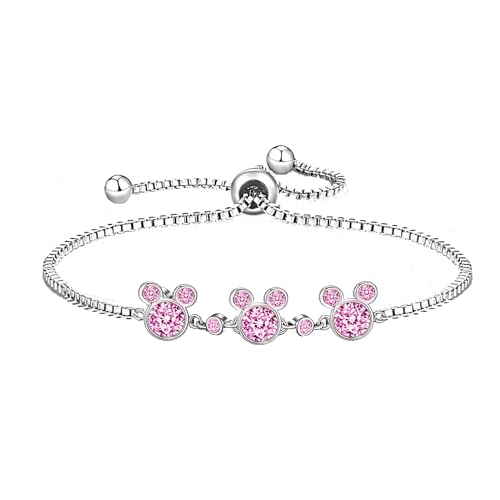 Kaguyo Silberarmbänder für Damen, Mickey-Mouse-Kristallarmbänder, klare Amethyst-Rosa-Zirkonia-Minnie-Maus-verstellbare Unendlichkeitsarmbänder für Frauen und Mädchen (pink) von Kaguyo