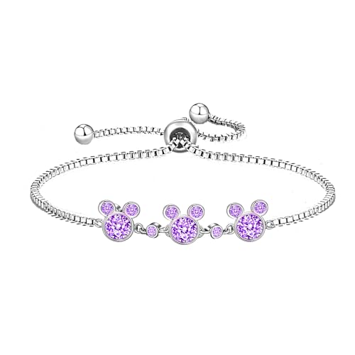 Kaguyo Silberarmbänder für Damen, Mickey-Mouse-Kristallarmbänder, klare Amethyst-Rosa-Zirkonia-Minnie-Maus-verstellbare Unendlichkeitsarmbänder für Frauen und Mädchen (purple) von Kaguyo