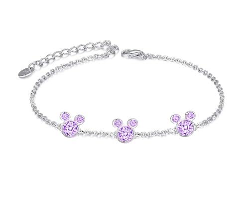 Kaguyo Silberne Armbänder für Frauen, Mickey-Mouse-Kristallarmbänder, klare Amethyst-Rosa-CZ-Minnie-Maus-verstellbare Infinity-Charm-Gliederarmbänder für Mädchen, Geburtstagsgeschenk (purple) von Kaguyo