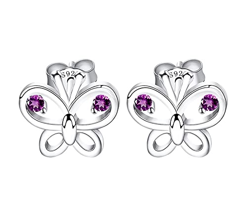 Kaguyo Silberohrringe für Frauen, 925er Sterlingsilber, Amethyst, rosa, klare Zirkonia, kleine Schmetterlings-Ohrstecker für Frauen und Mädchen, Geburtstagsgeschenk (purple) von Kaguyo